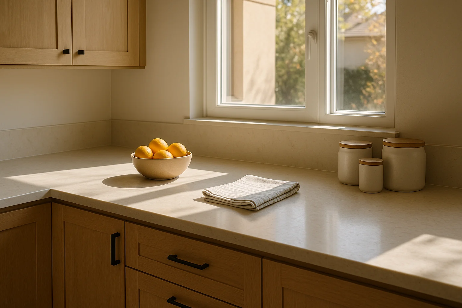 Illustration of a wiped-down kitchen counter in morning light.