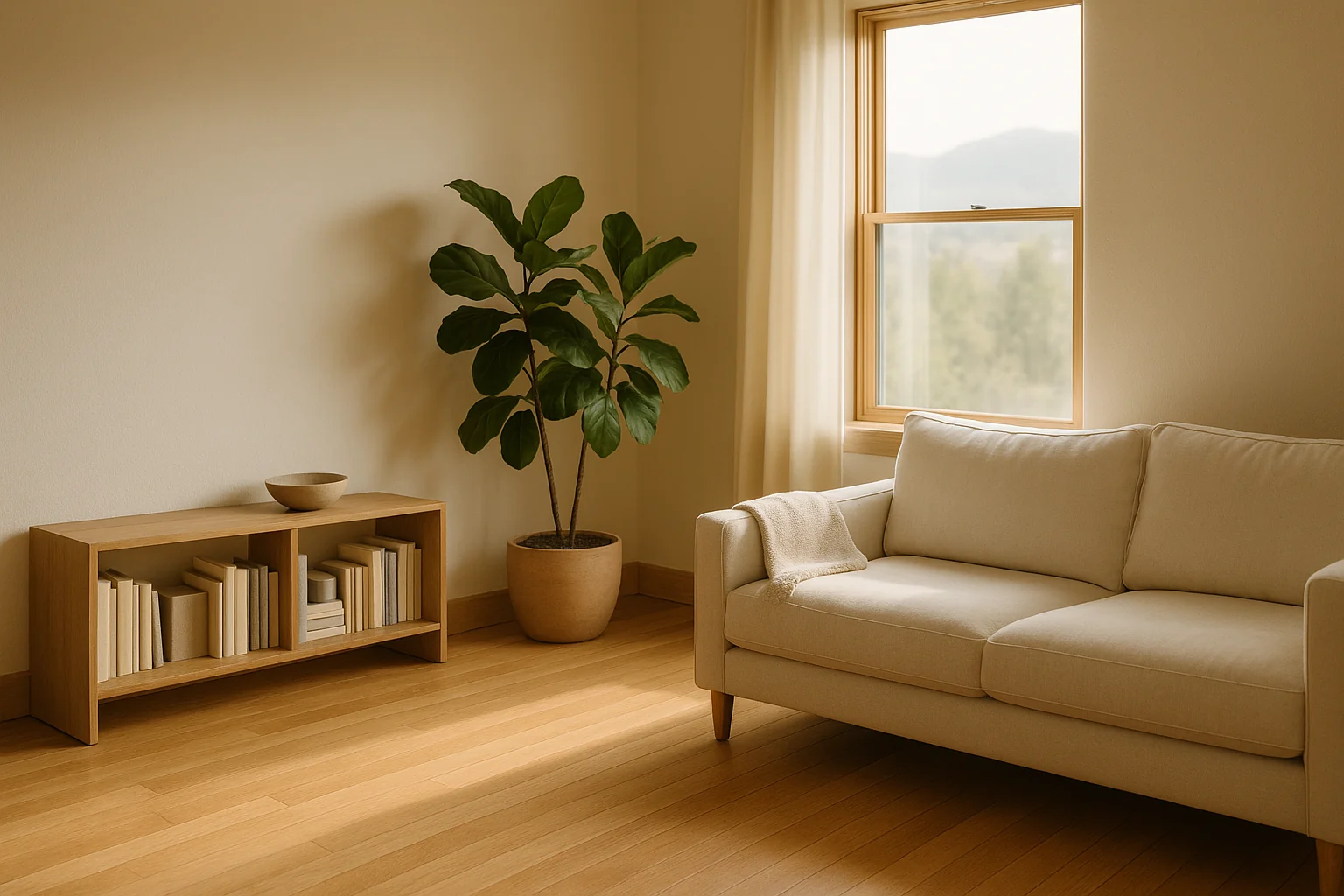 Illustration of a tidy living room in morning light.